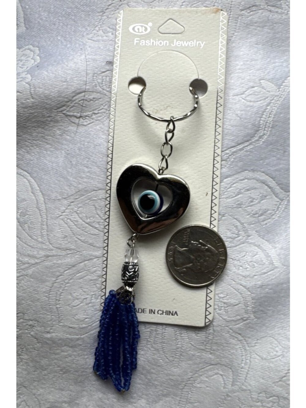 NEW Silvertone Blue Rolling Evil Eye Heart Keychain Protection Tassel Beads
